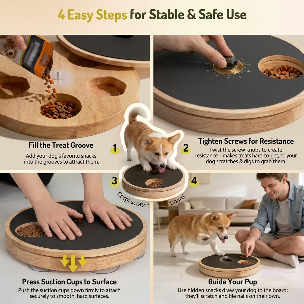 Rotating Dog Scratching Board Round Solid Wood Nail Scratch Pad Non-Slip with Treat Box Dog Nail File Toy Nail Trimming